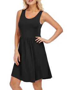 Solid Scoop Neck A-line Dress - Black - View 3