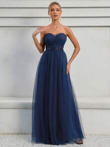 Contrast Sequin Mesh Tube Bridesmaid Dress - Navy Blue - View 1