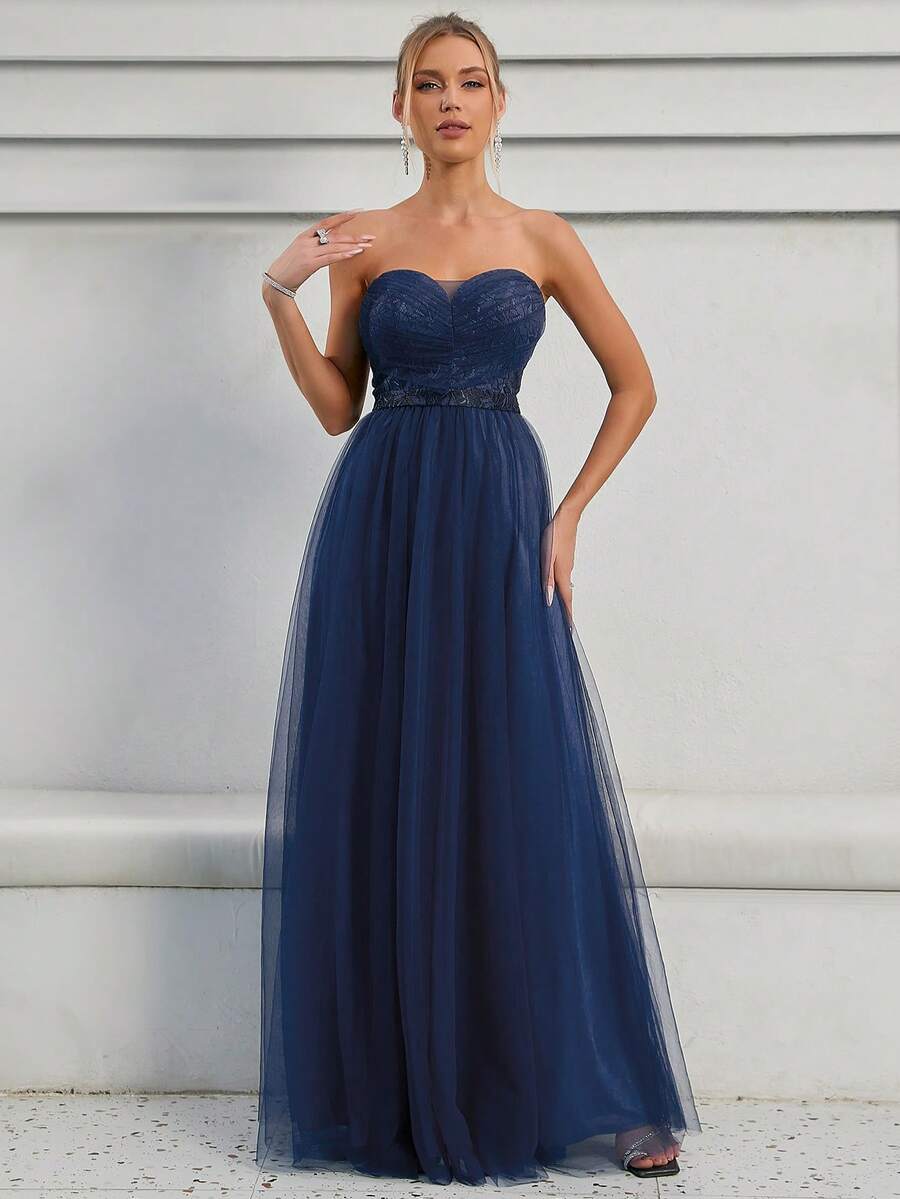 Contrast Sequin Mesh Tube Bridesmaid Dress - Navy Blue - View 1