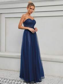 Contrast Sequin Mesh Tube Bridesmaid Dress - Navy Blue - View 3