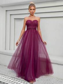 Contrast Lace Mesh Tube Bridesmaid Dress - Purple - View 1