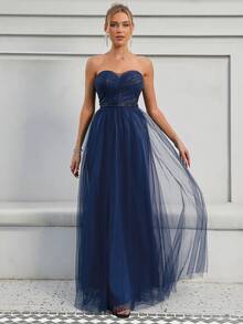 Contrast Sequin Mesh Tube Bridesmaid Dress - Navy Blue - View 5