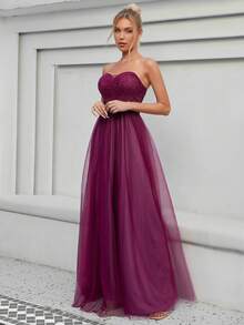 Contrast Lace Mesh Tube Bridesmaid Dress - Purple - View 3