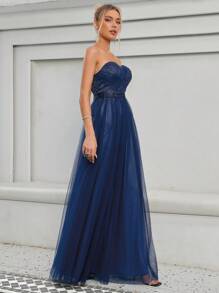 Contrast Sequin Mesh Tube Bridesmaid Dress - Navy Blue - View 6