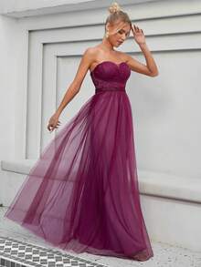 Contrast Lace Mesh Tube Bridesmaid Dress - Purple - View 4