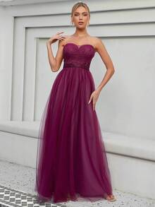 Contrast Lace Mesh Tube Bridesmaid Dress - Purple - View 5