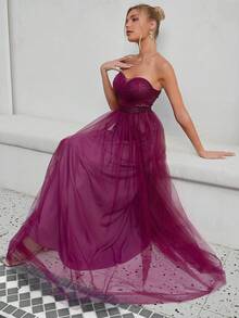 Contrast Lace Mesh Tube Bridesmaid Dress - Purple - View 6