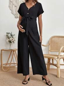 SHEIN 孕婦蝙蝠袖腰帶闊腿連體褲 - 黑色 - 查看 3