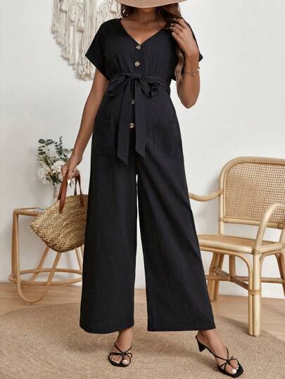 SHEIN 孕婦蝙蝠袖腰帶闊腿連體褲