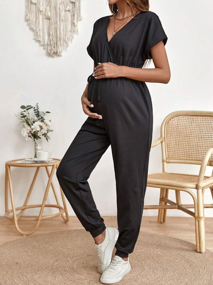 SHEIN Maternity Batwing Sleeve Knot Front Jumpsuit - Black - View 3