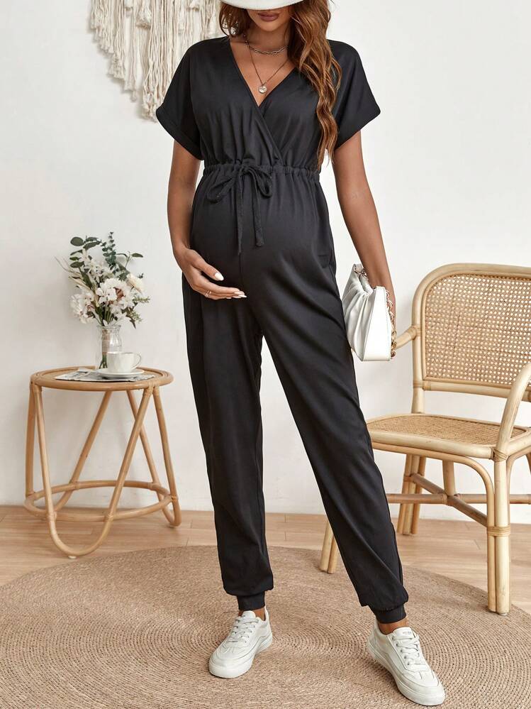 SHEIN Maternity Batwing Sleeve Knot Front Jumpsuit - Black - View 6