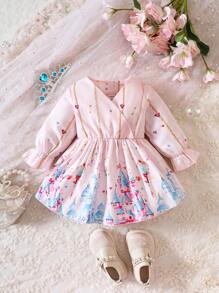 Bébé Fille Robe Château Imprimé À Manche Évasée