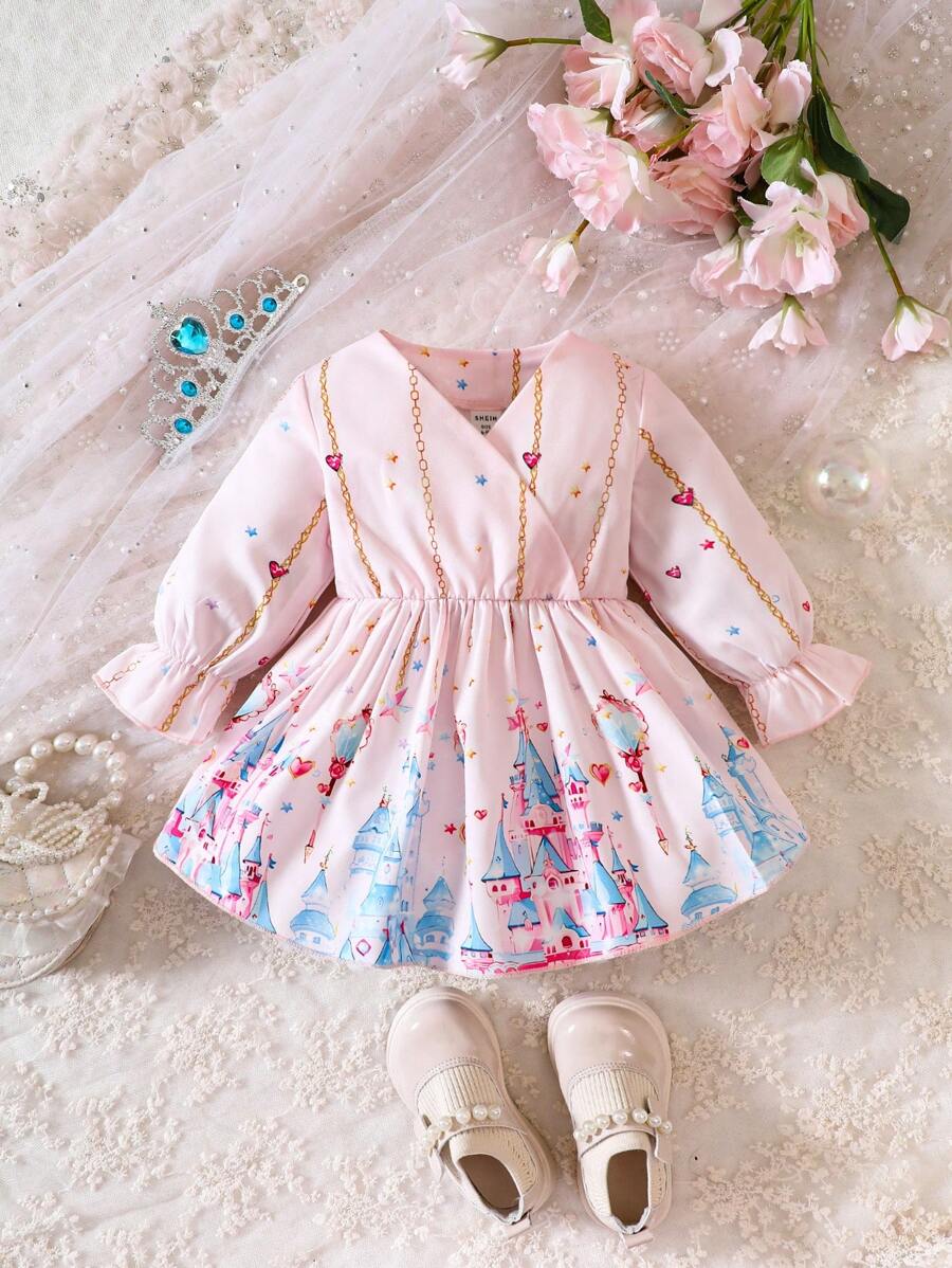 Bébé Fille Robe Château Imprimé À Manche Évasée