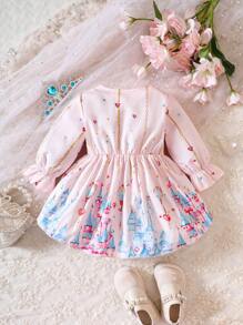 Bébé Fille Robe Château Imprimé À Manche Évasée