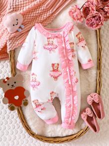 Baby Girl Cartoon Graphic Ruffle Trim Jumpsuit - White - View 1