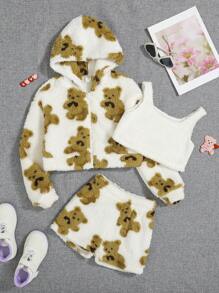 SHEIN 女大童熊圖案連帽法蘭絨夾克&背心上衣&短褲 - 彩色 - 查看 1