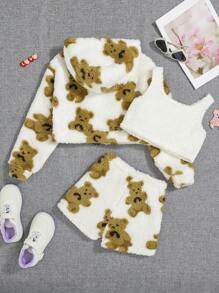 SHEIN 女大童熊圖案連帽法蘭絨夾克&背心上衣&短褲 - 彩色 - 查看 2
