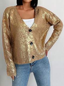 EURMUSE Drop Shoulder Button Front Sequin Cardigan - Gold - View 2