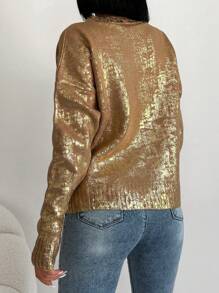 EURMUSE Drop Shoulder Button Front Sequin Cardigan - Gold - View 5