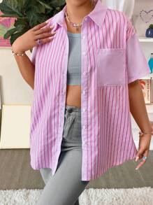 Flirla Plus Striped Print Drop Shoulder Shirt - Pink - View 4