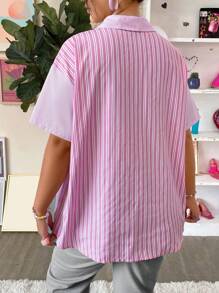 Flirla Plus Striped Print Drop Shoulder Shirt - Pink - View 2