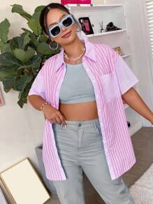 Flirla Plus Striped Print Drop Shoulder Shirt - Pink - View 3