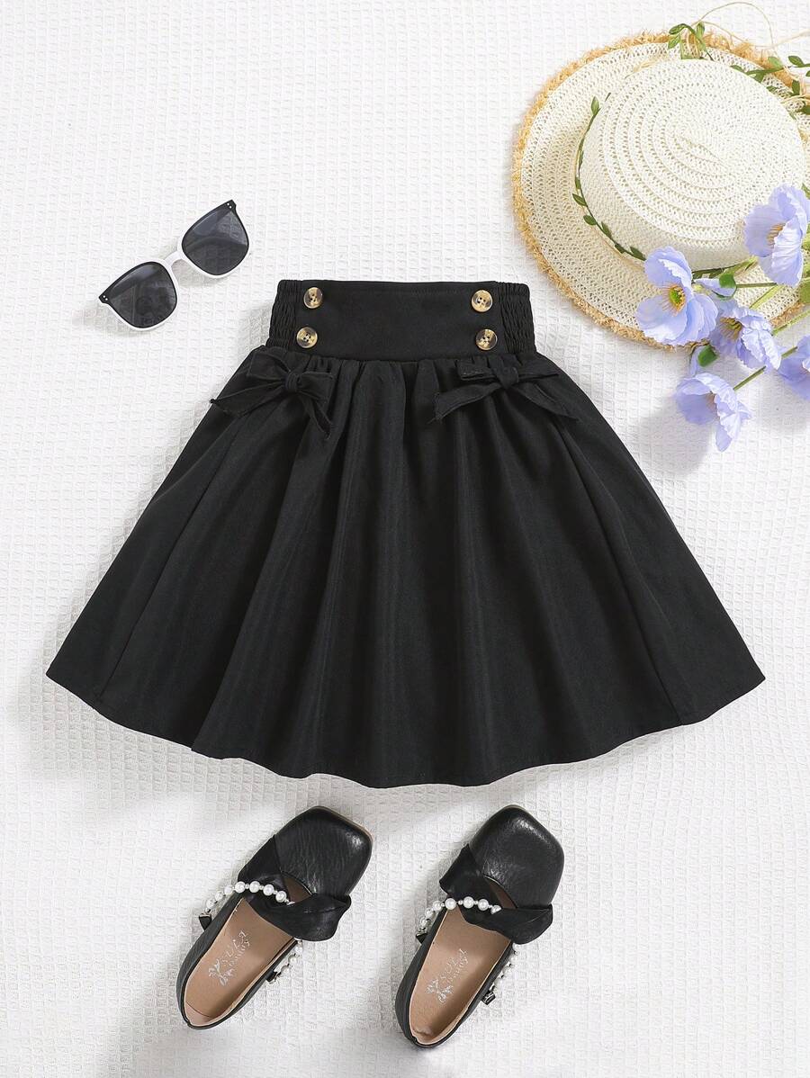 SHEIN Falda A-Line de doble botonadura y unicolor tejido para niña joven con adorno de lazo decorativo - Negro - Ver 1