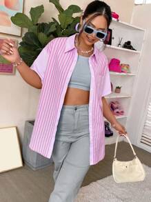 Flirla Plus Striped Print Drop Shoulder Shirt - Pink - View 5