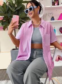 Flirla Plus Striped Print Drop Shoulder Shirt - Pink - View 6
