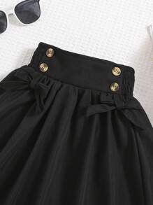 SHEIN Falda A-Line de doble botonadura y unicolor tejido para niña joven con adorno de lazo decorativo - Negro - Ver 4