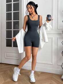SHEIN EZwear 素色背心彈力緊身連體短褲 - 深灰色 - 查看 5