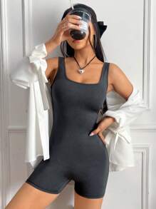 SHEIN EZwear 素色背心彈力緊身連體短褲 - 深灰色 - 查看 6