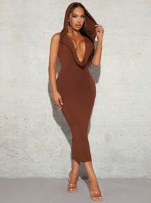 SHEIN SXY Mặt trước xếp ly dọc áo có mũ Váy bodycon Phong cách Năm mới Đêm trước Buổi tiệc Gợi cảm - Rỉ Nâu - Xem 1