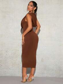 SHEIN SXY Mặt trước xếp ly dọc áo có mũ Váy bodycon Phong cách Năm mới Đêm trước Buổi tiệc Gợi cảm - Rỉ Nâu - Xem 2