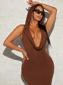 SHEIN SXY Mặt trước xếp ly dọc áo có mũ Váy bodycon Phong cách Năm mới Đêm trước Buổi tiệc Gợi cảm - Rỉ Nâu - Xem 4