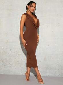 SHEIN SXY Mặt trước xếp ly dọc áo có mũ Váy bodycon Phong cách Năm mới Đêm trước Buổi tiệc Gợi cảm - Rỉ Nâu - Xem 5