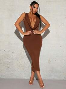 SHEIN SXY Mặt trước xếp ly dọc áo có mũ Váy bodycon Phong cách Năm mới Đêm trước Buổi tiệc Gợi cảm - Rỉ Nâu - Xem 6