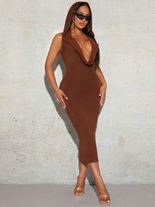 SHEIN SXY Mặt trước xếp ly dọc áo có mũ Váy bodycon Phong cách Năm mới Đêm trước Buổi tiệc Gợi cảm - Rỉ Nâu - Xem 7