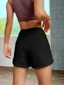 SHEIN EZwear Solid Roll Up Hem Wide Leg Shorts - Black - View 2