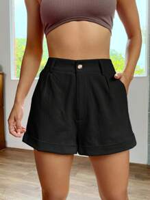 SHEIN EZwear Solid Roll Up Hem Wide Leg Shorts - Black - View 4