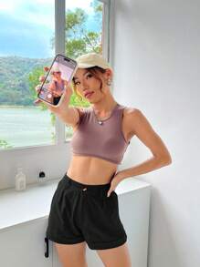 SHEIN EZwear Solid Roll Up Hem Wide Leg Shorts - Black - View 5