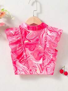 SHEIN Young Girl Marble Print Ruffle Trim Knot Hem Shirt - Pink - View 2