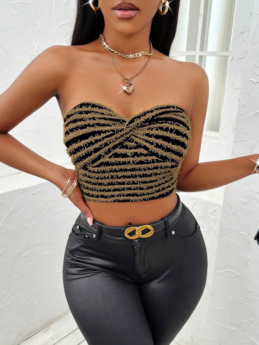 SHEIN Privé Top tubo crop con patrón de rayas - Caqui - Ver 1
