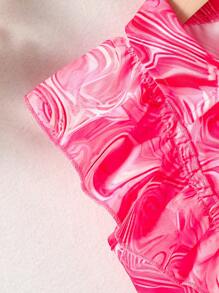 SHEIN Young Girl Marble Print Ruffle Trim Knot Hem Shirt - Pink - View 3