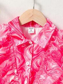 SHEIN Young Girl Marble Print Ruffle Trim Knot Hem Shirt - Pink - View 4