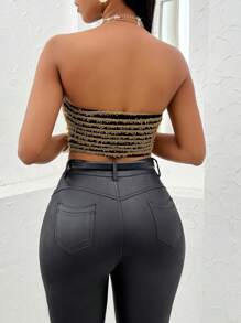 SHEIN Privé Top tubo crop con patrón de rayas - Caqui - Ver 2