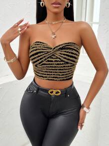 SHEIN Privé Top tubo crop con patrón de rayas - Caqui - Ver 3