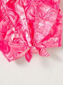 SHEIN Young Girl Marble Print Ruffle Trim Knot Hem Shirt - Pink - View 5