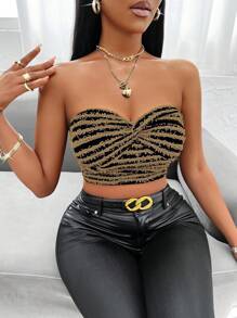 SHEIN Privé Top tubo crop con patrón de rayas - Caqui - Ver 4