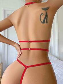 Appliques Cut Out Halter Lingerie Set - Red - View 2